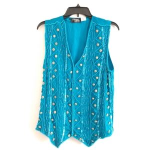 FLAW Vintage Silk Vest Beaded Embellished Boho Marshall Rousso Blue MEDIUM